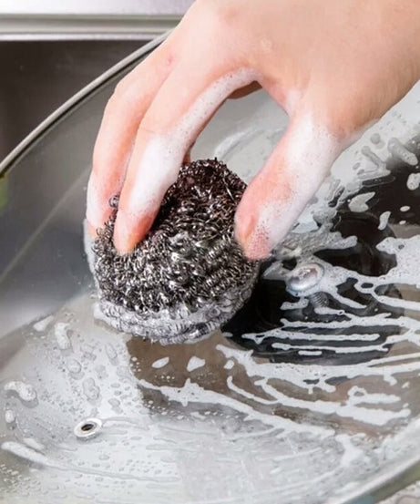 Pack of 12 stainless steel scrubbers, round shape for easy cleaning.