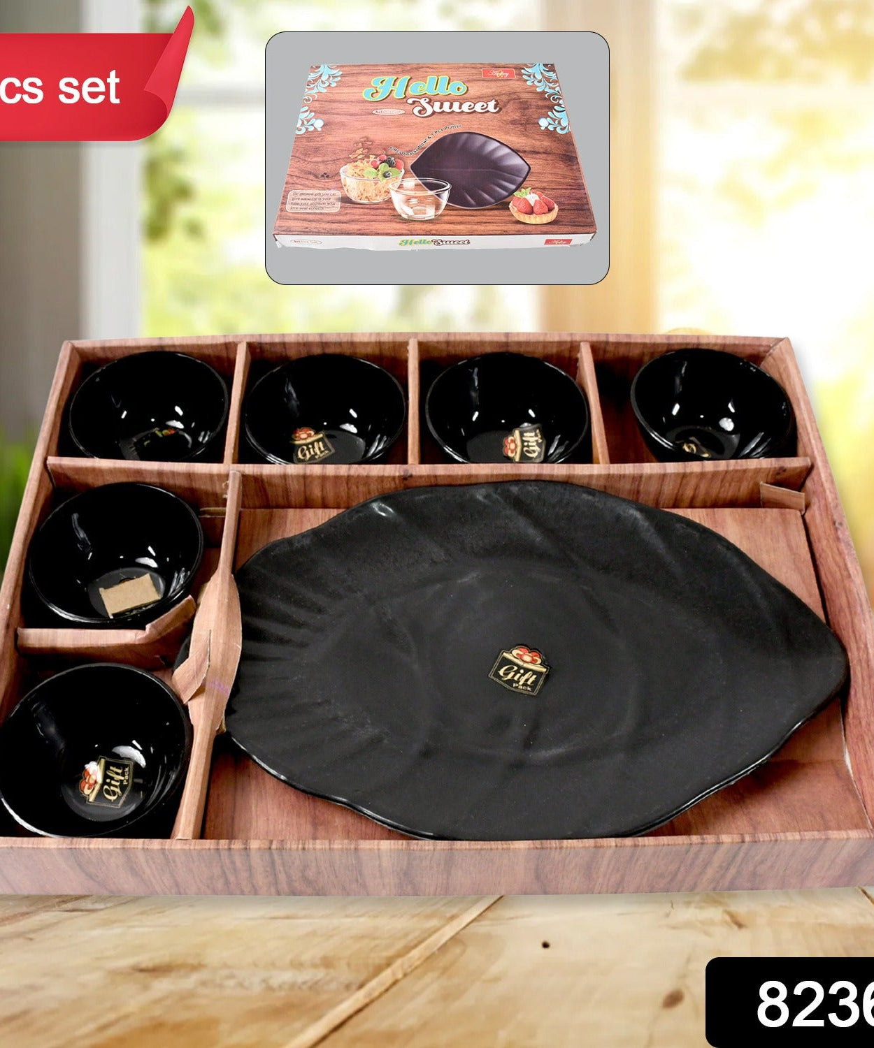 Hello Sweet Round Ceramic Snacks Bowl With Plastic Leaf shape Serving platter Portable, Lightweight Breakfast, Serving Bowl | Ideal for Rice, Pasta, Desserts Home & Kitchen Serving Bowl & platter (7 Pcs set)