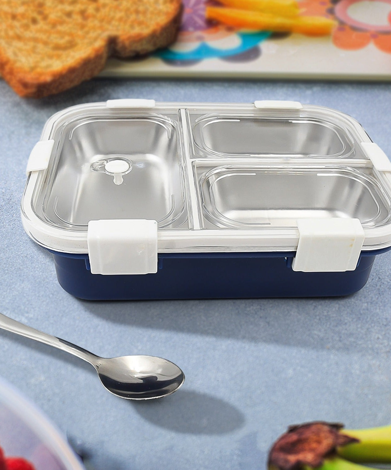 3 Compartment Transparent Stainless Steel Lunch Box for Kids, Tiffin Box, Lunch Box, Lunch Box for Kids, Insulated Lunch Box, Lunch Box for Office Women and Men, Stainless Steel Tiffin Box for Boys, Girls, School Office (Multi Color)