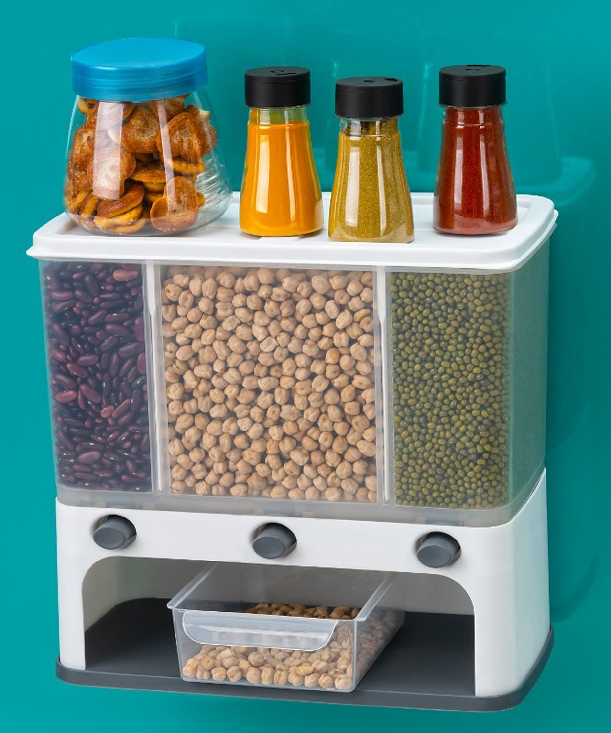 Cereal dispenser with wall mount and push button