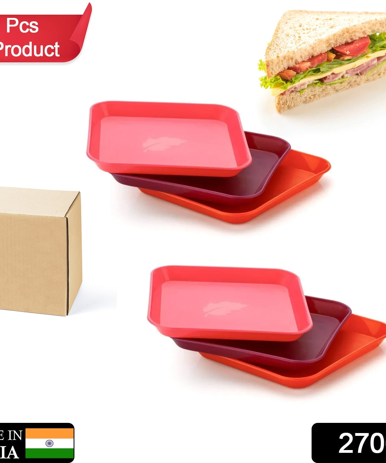 Set of six colorful square plates.