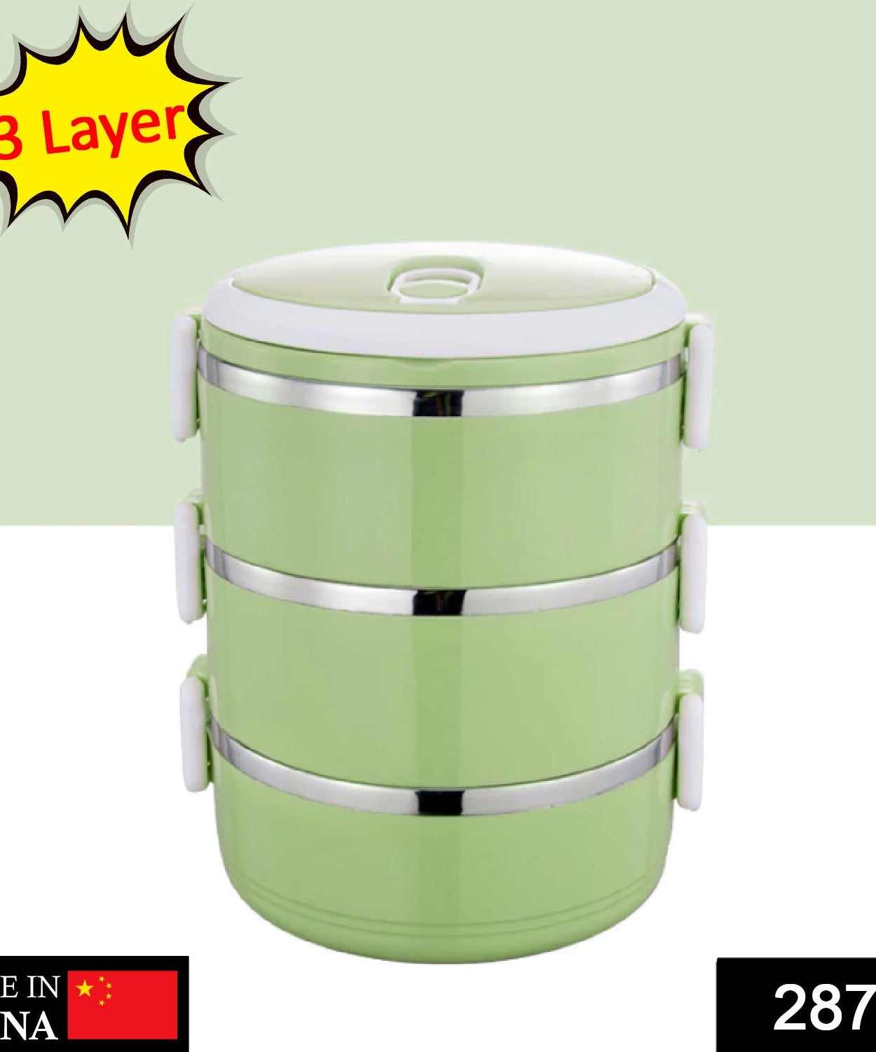 Multi-layered hot lunch box, three layers of stainless steel.