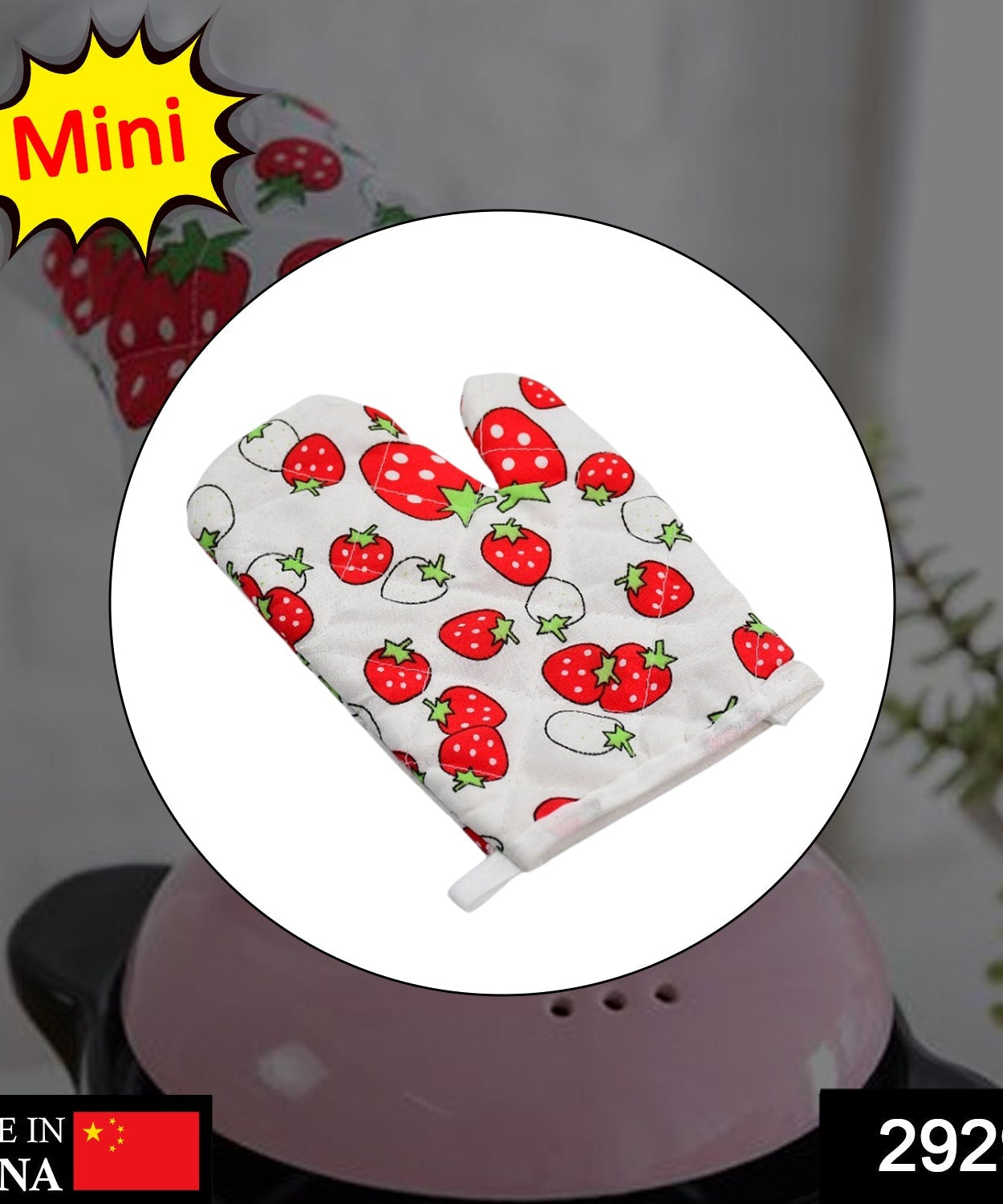 Stylish and colorful oven mitt and pot holder for safe cooking.