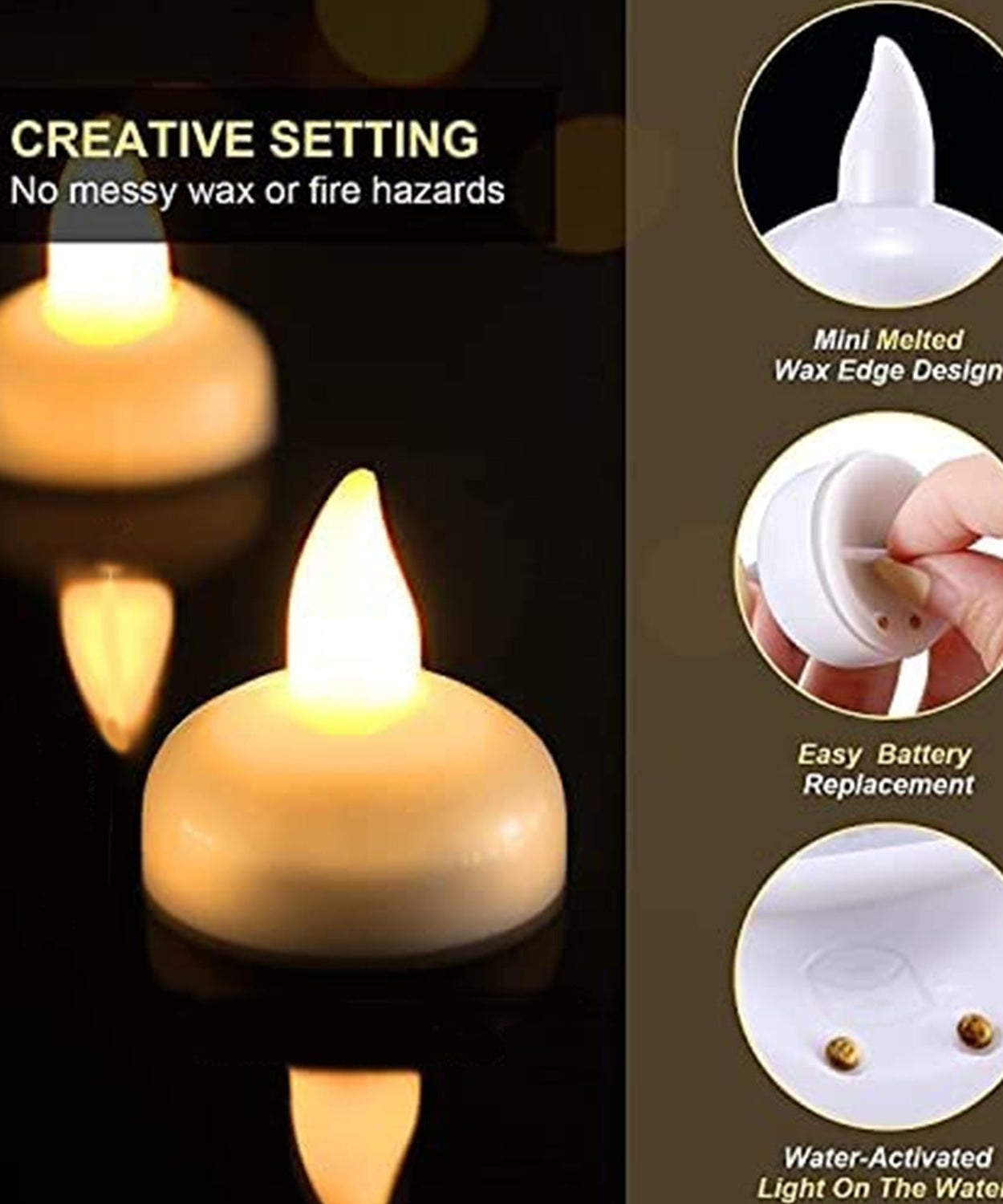 Set of tealight candles with floating design and battery power