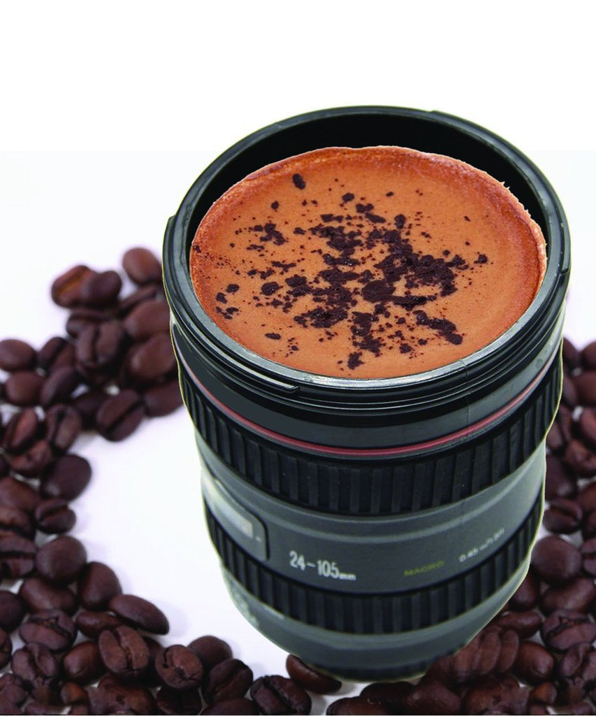 Camera lens mug with lid, designed for coffee or tea