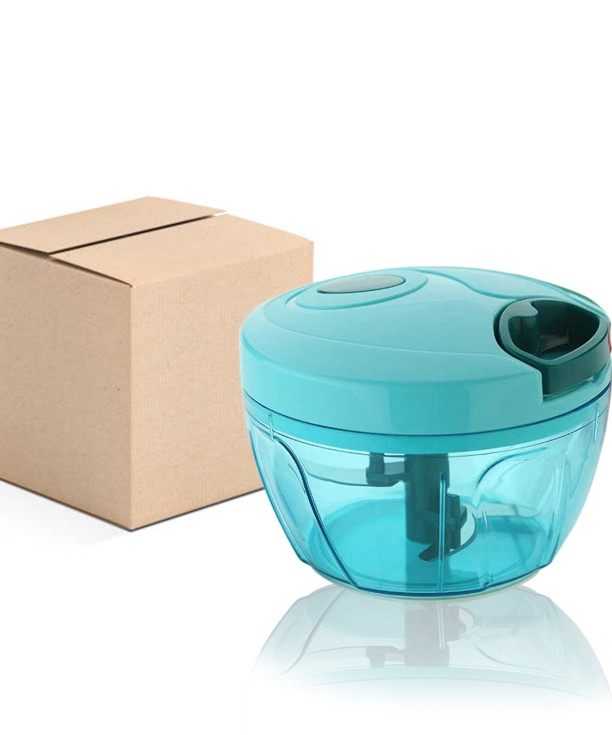 Compact vegetable chopper with stainless steel blades, shown in brown package box.