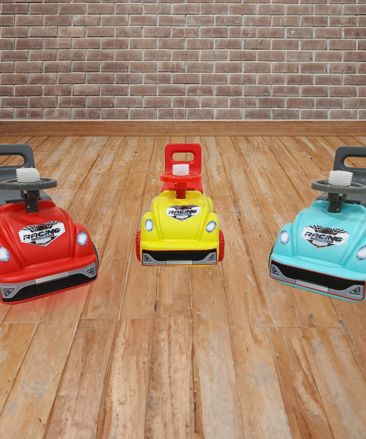 Toddler car ride-on with musical horn and backrest