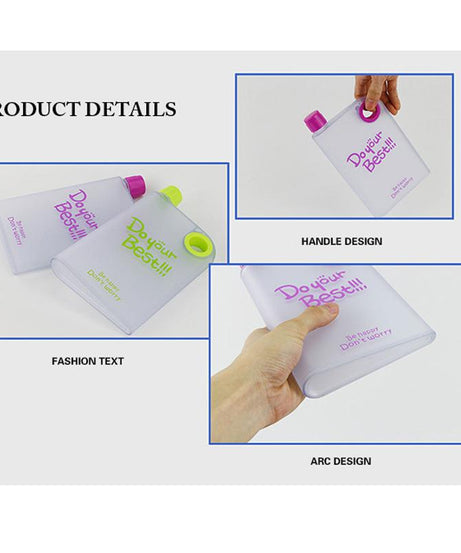 Multicolor slim water bottle resembling a notebook.