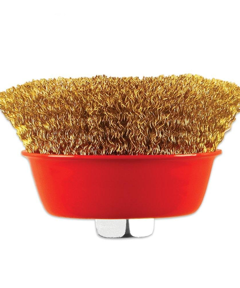Wire cup brush in gold for effective cleaning.