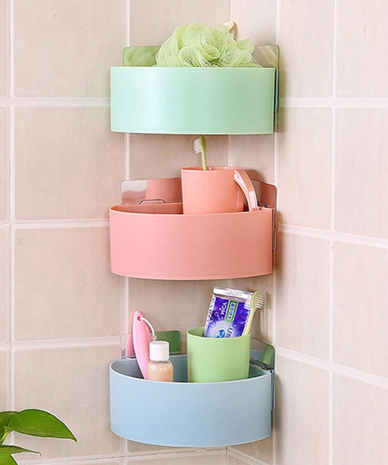 Plastic corner shelf for shower or kitchen