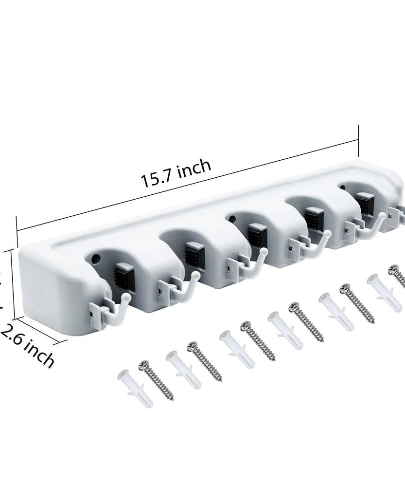 Broom and mop holder with 5 layers for organization.