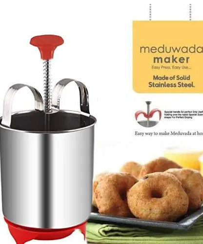 Stainless steel vada maker, angled view
