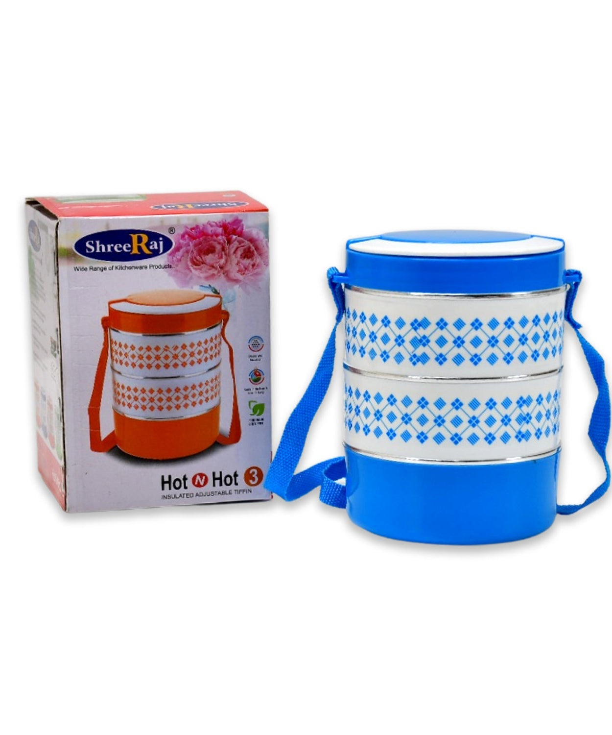 Blue lunch box with 3 insulated containers.