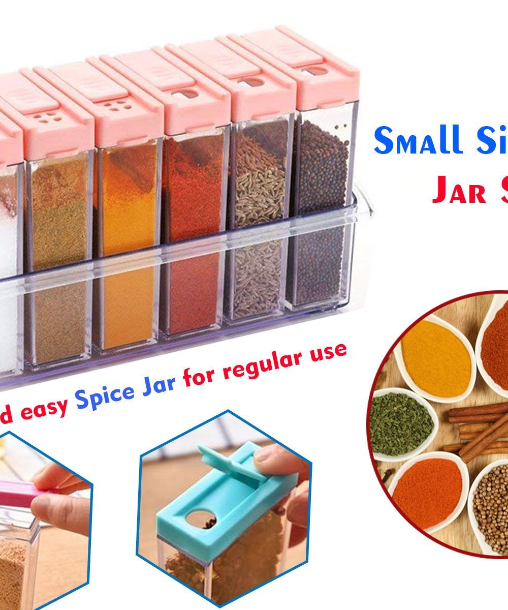 Close-up of multicoloured plastic spice jars