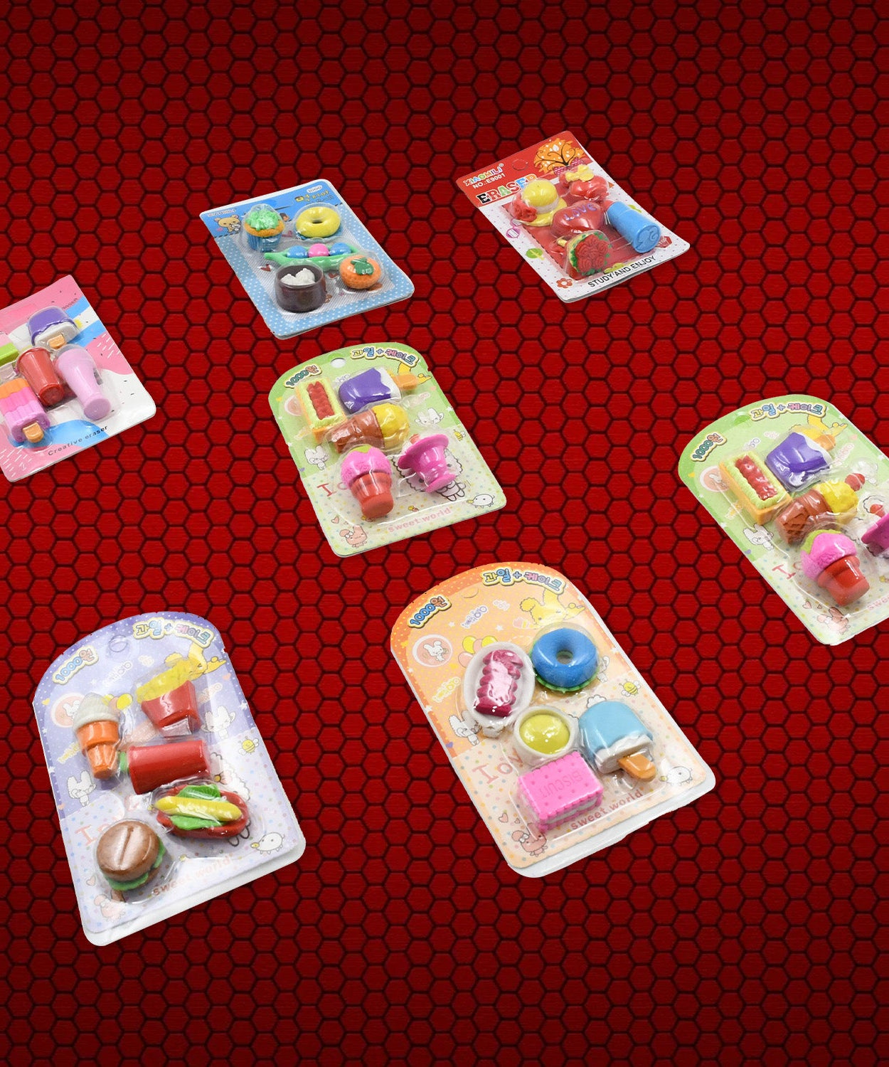 Eraser set with different designs and colors for kids, perfect for gifts and prizes.