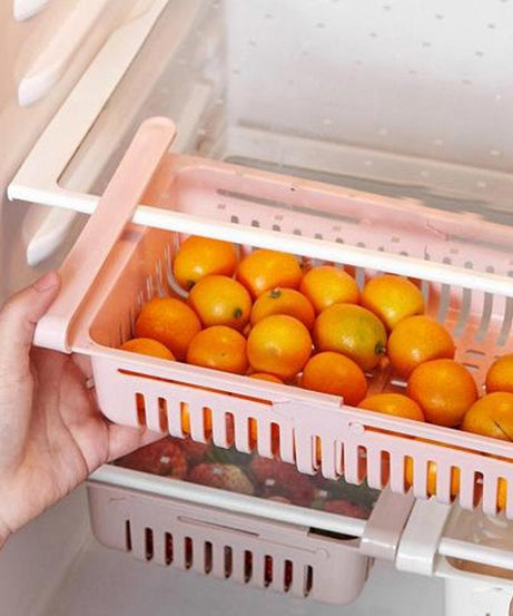 Multi-purpose fridge storage baskets for organized food.