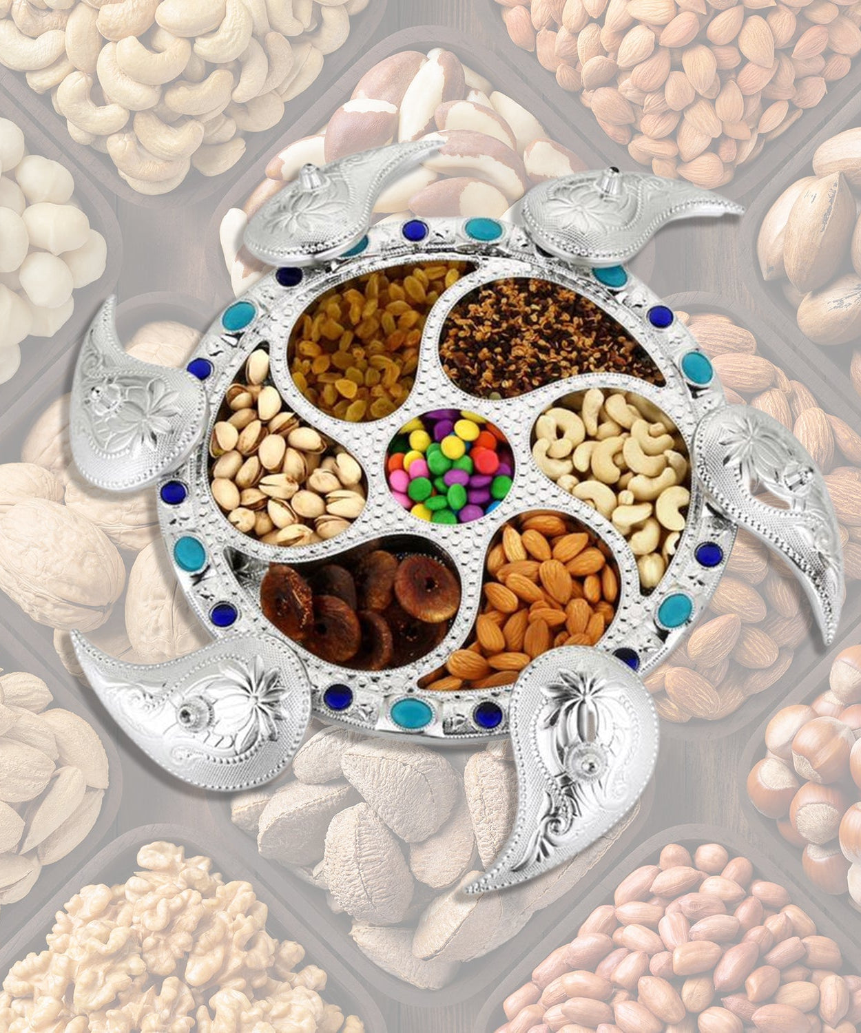 Rotating tray with seven compartments for snacks and spices