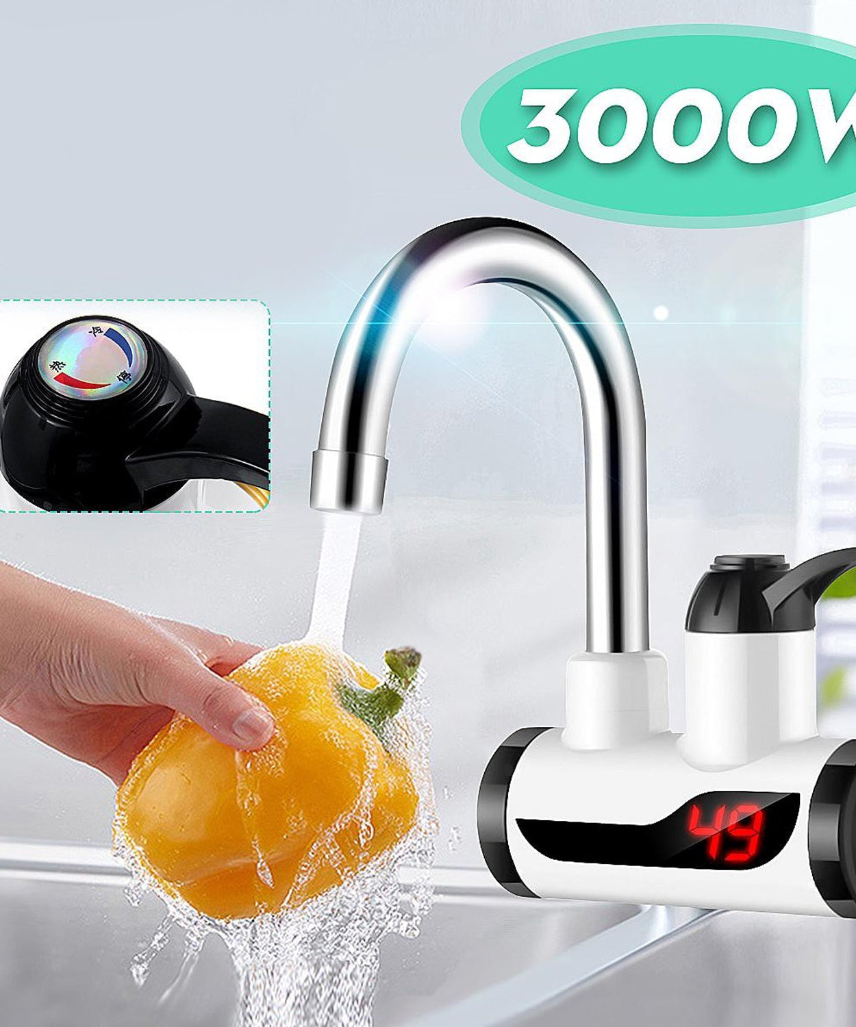 Geyser faucet with instant heating for convenient hot water access.
