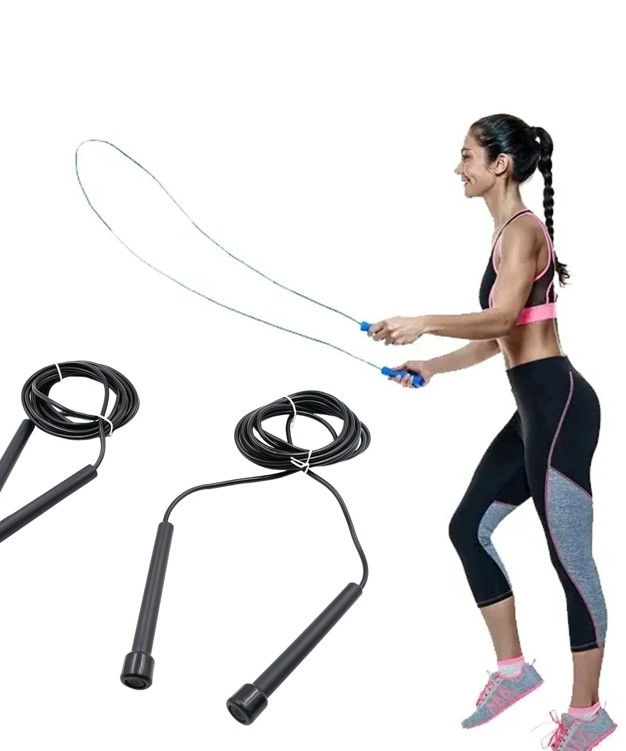 Speed skipping rope with PVC handle.