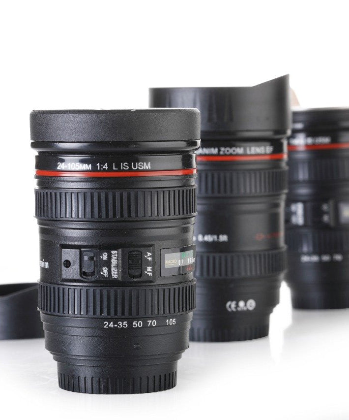 Coffee flask shaped like a camera lens with a removable lid