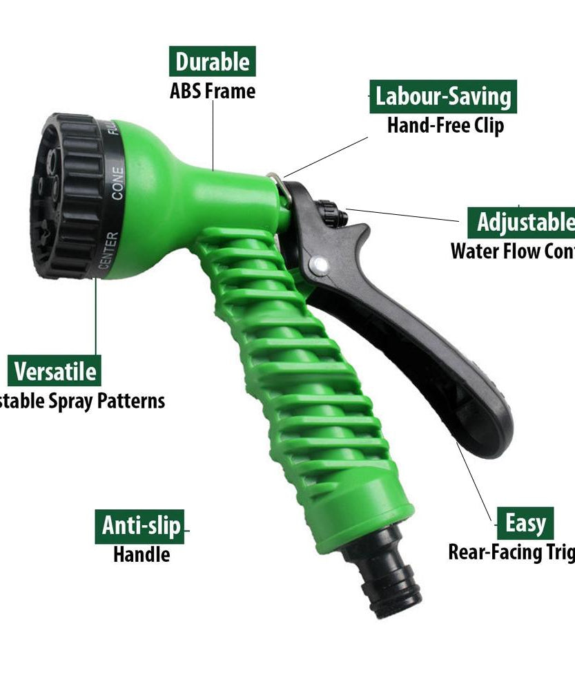 Plastic hose nozzle with multiple spray settings.