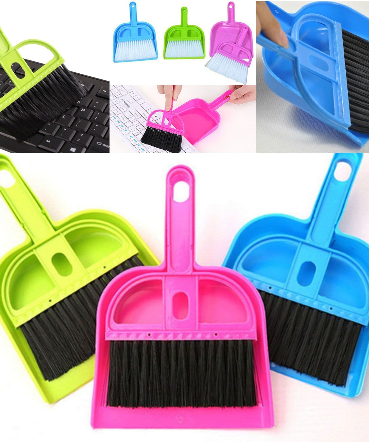 Efficient small broom and dustpan for household cleaning.