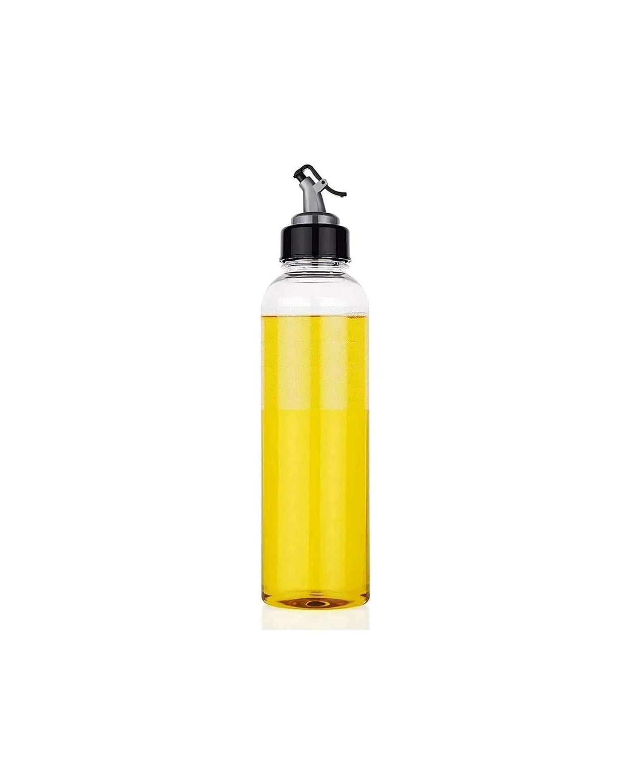 Clear oil dispenser with a 1-liter capacity, featuring a drip-free spout and secure lid.