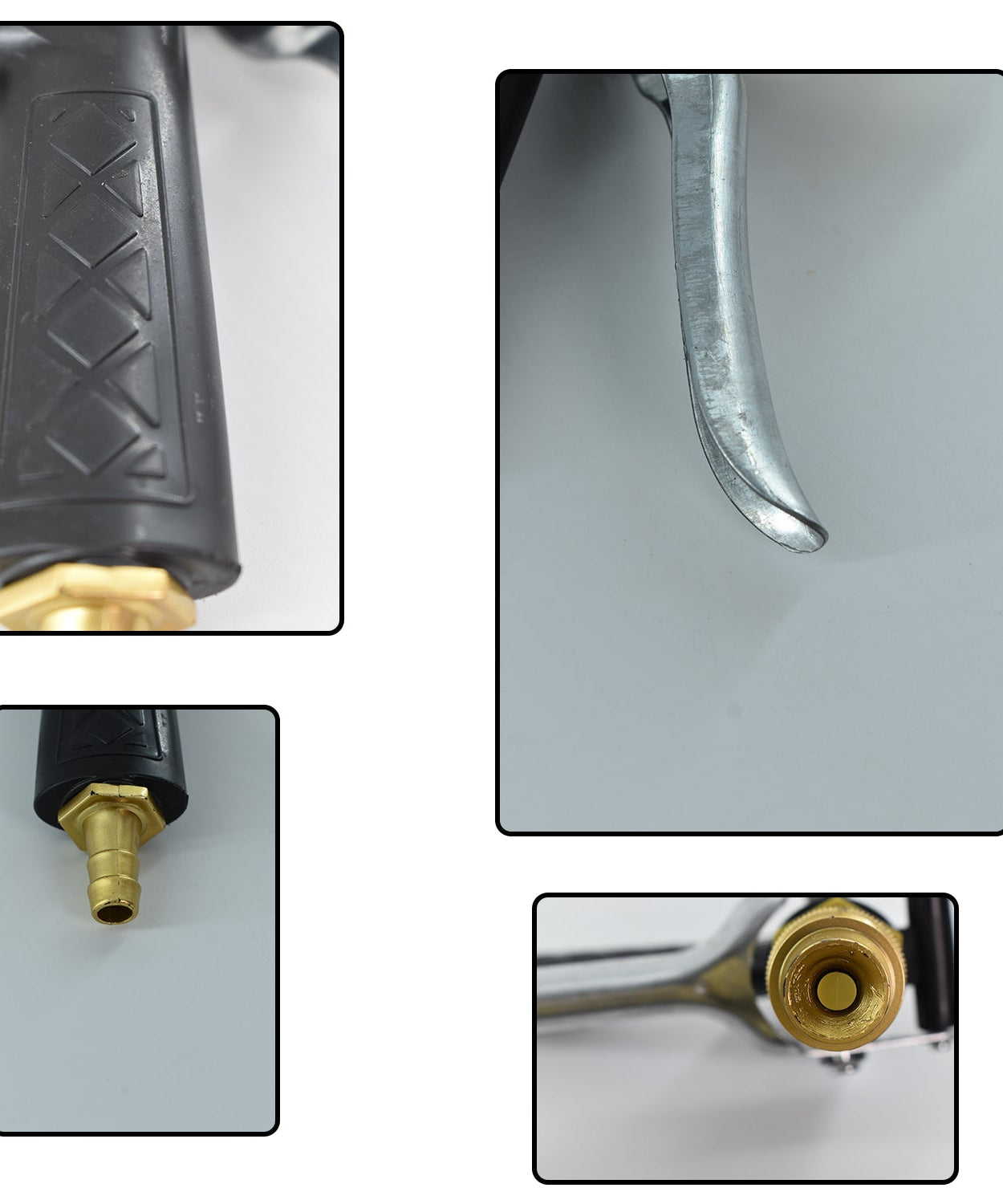 Gold trigger hose nozzle, durable for water spraying, lever operated.
