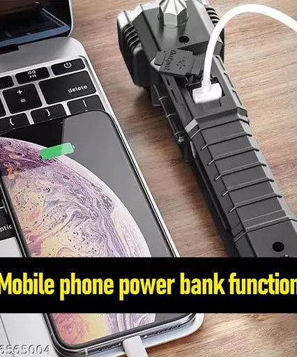 Portable 3w Rechargeable Torch LED Flashlight Long Distance Beam Range, Hammer and Strong Magnets, Window Glass and Seat Belt Cutter 4 Modes for Car Camping Hiking Indoor Outdoor