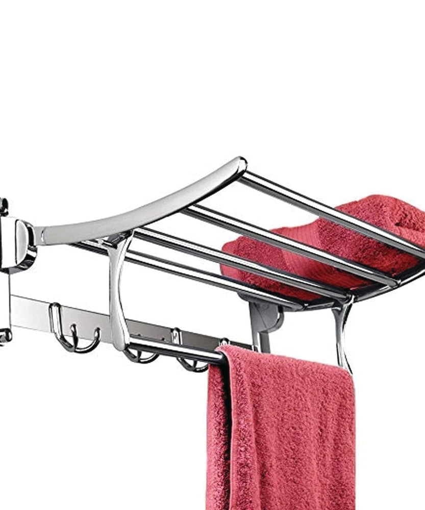 Stainless steel folding towel rack with towel bar, 18 inches for bathroom storage.