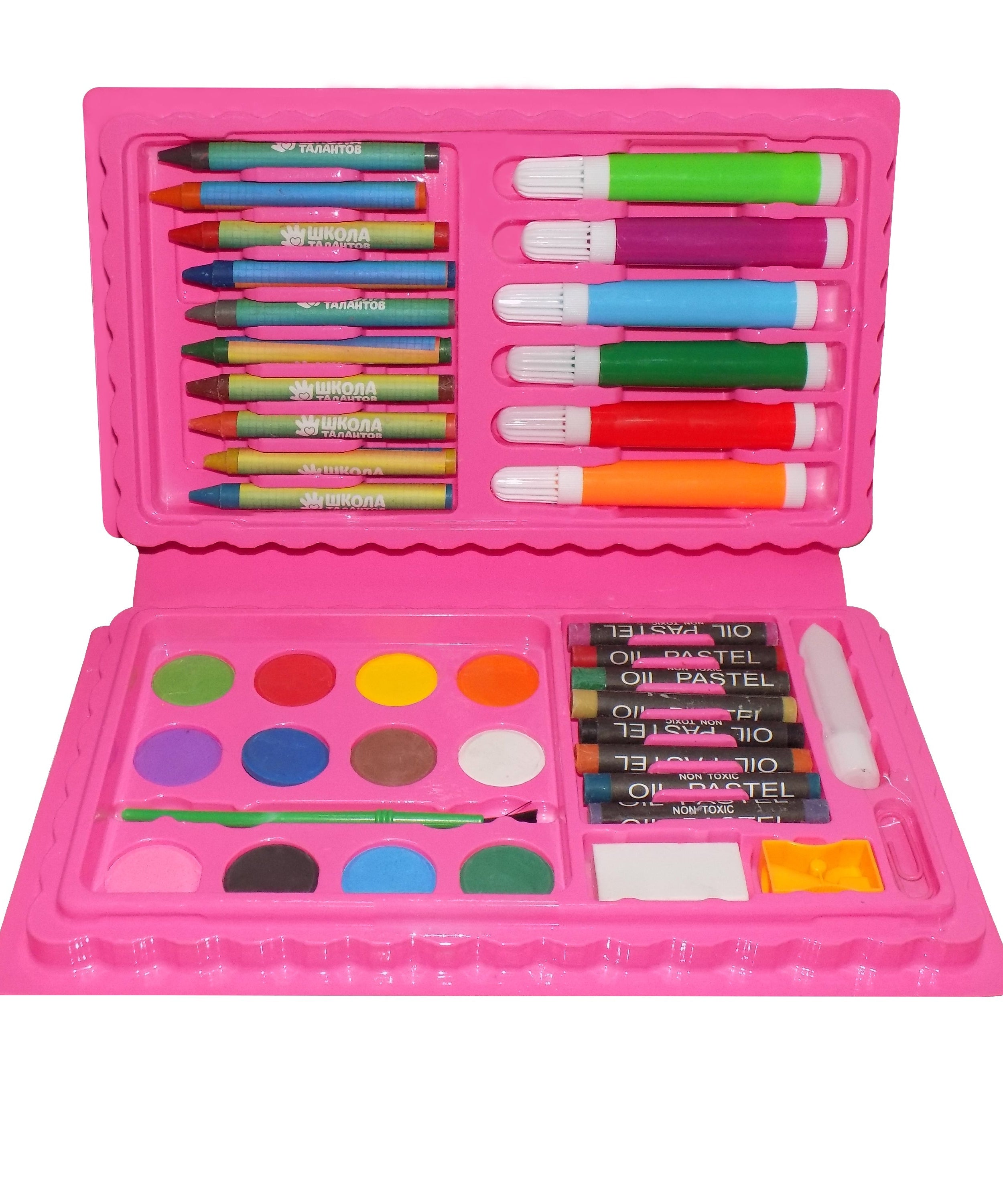 Colorful art kit featuring crayons, watercolor, and sketch pens.