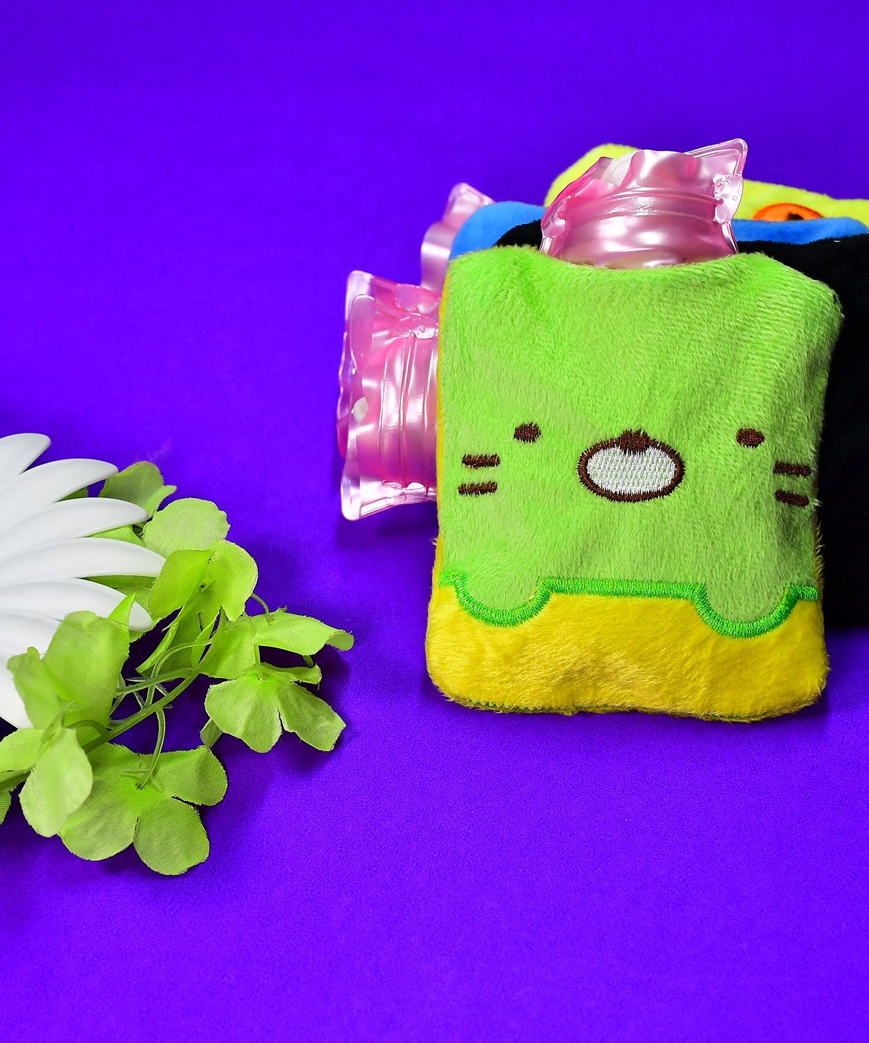 Small green Kitty hot water bag with cover for hand, feet warming