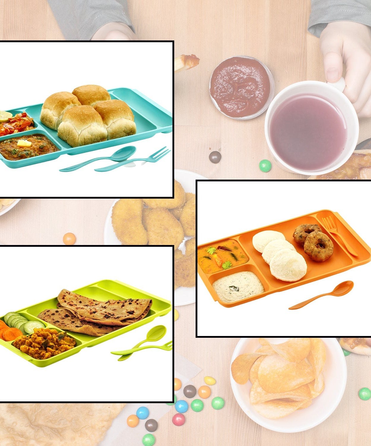 4-compartment plastic plate with spoon and fork, ideal for food