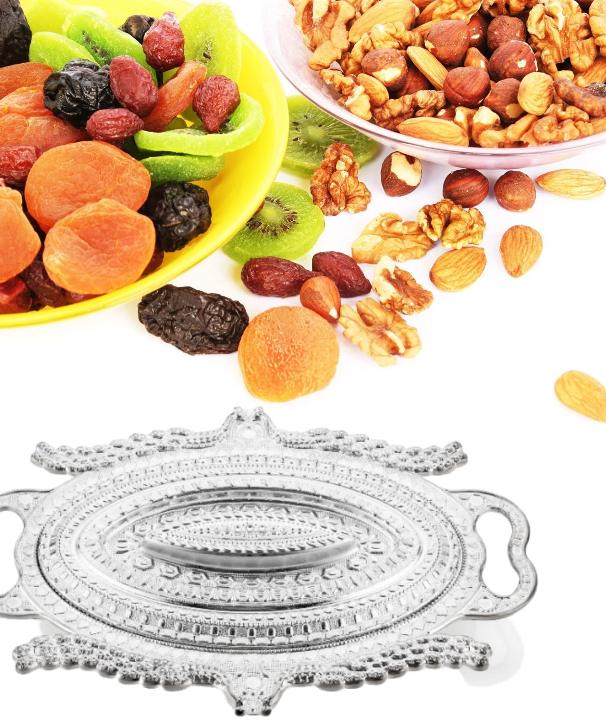 Silver peacock serving tray with intricate design