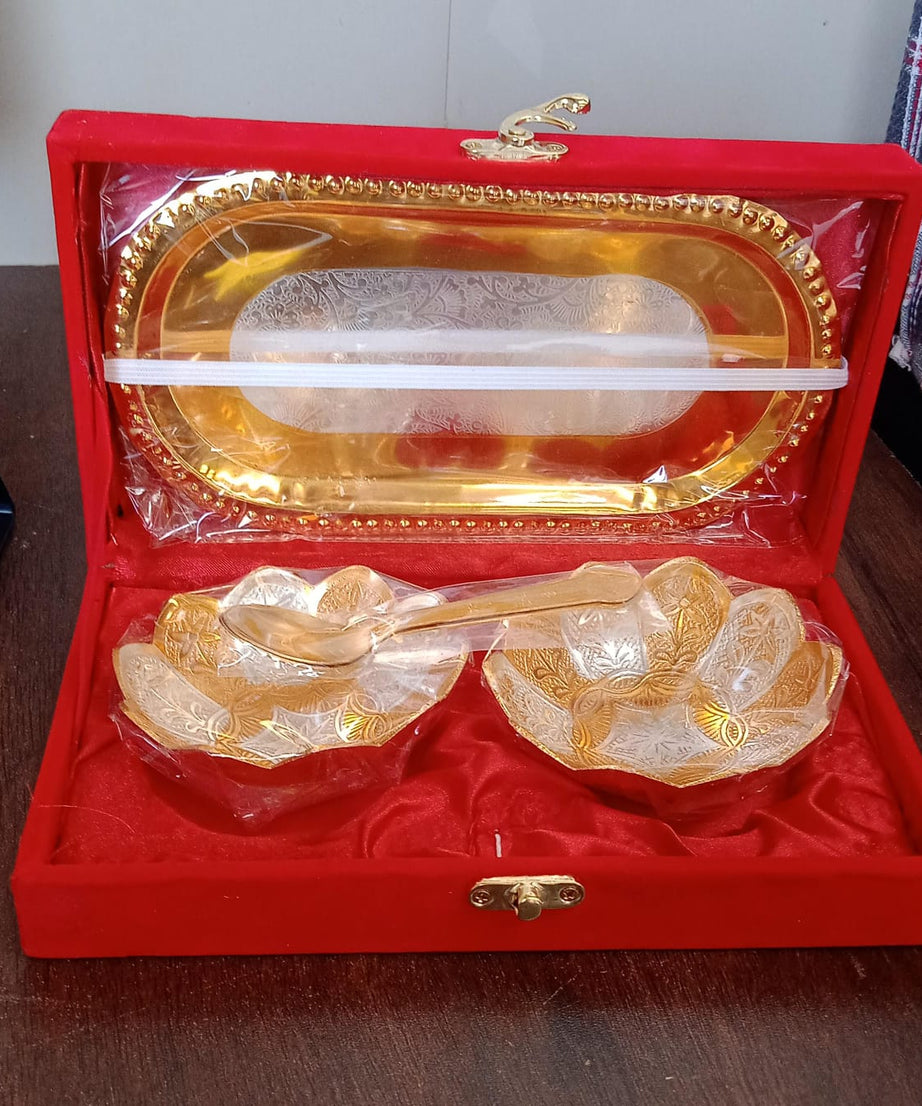 5in1 Gold Silver Plated 2 Bowl 2 Spoon Tray Set Brass with Red Velvet Gift Box Serving Dry Fruits Desserts Gift