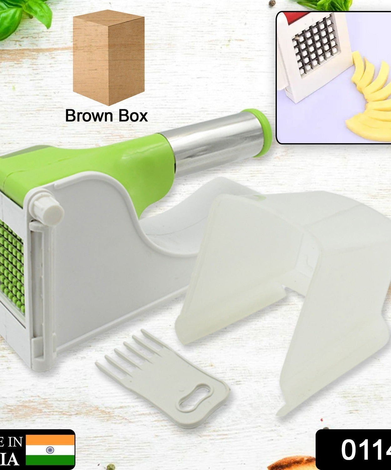 Potato chipper with container for easy slicing.