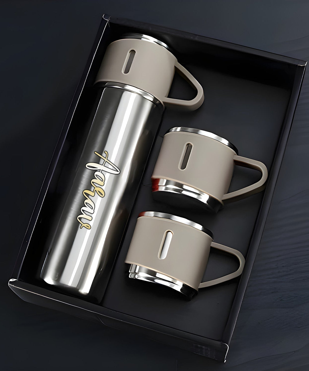 Customized Stainless Steel Vacuum Flask Set with 3 Cups – 500ML | Personalized Name Bottle Gift Combo for Boyfriend, Girlfriend, Employee