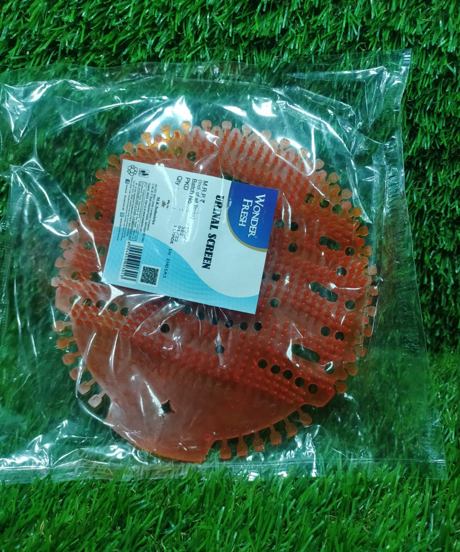 Urinal splash guard screen in a round shape.