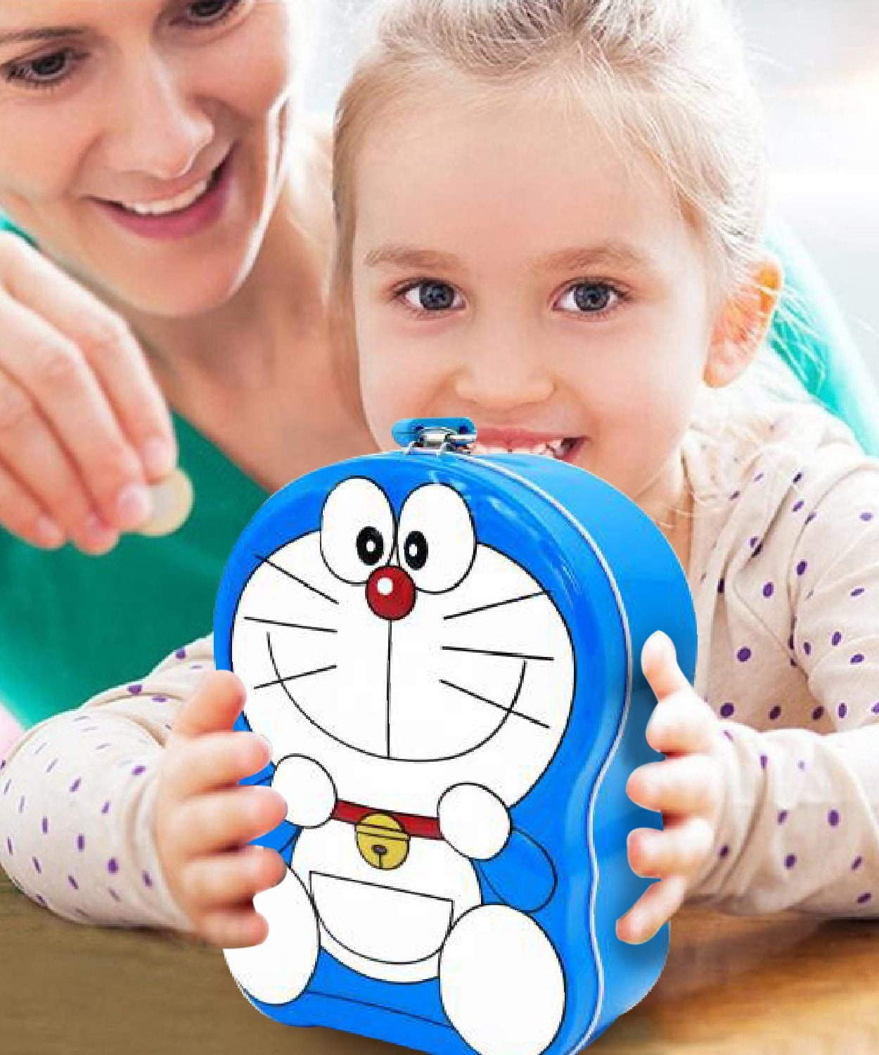 Metal piggy bank featuring cartoon characters, designed as a coin and money box for saving