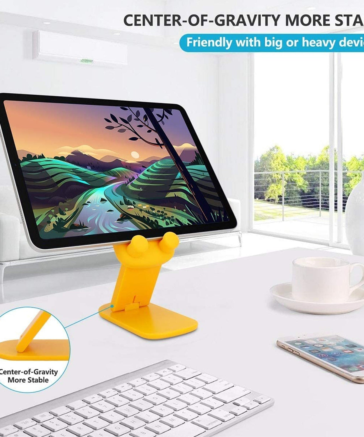 Detailed view of the multi-angle adjustable mobile stand, highlighting its versatility and design