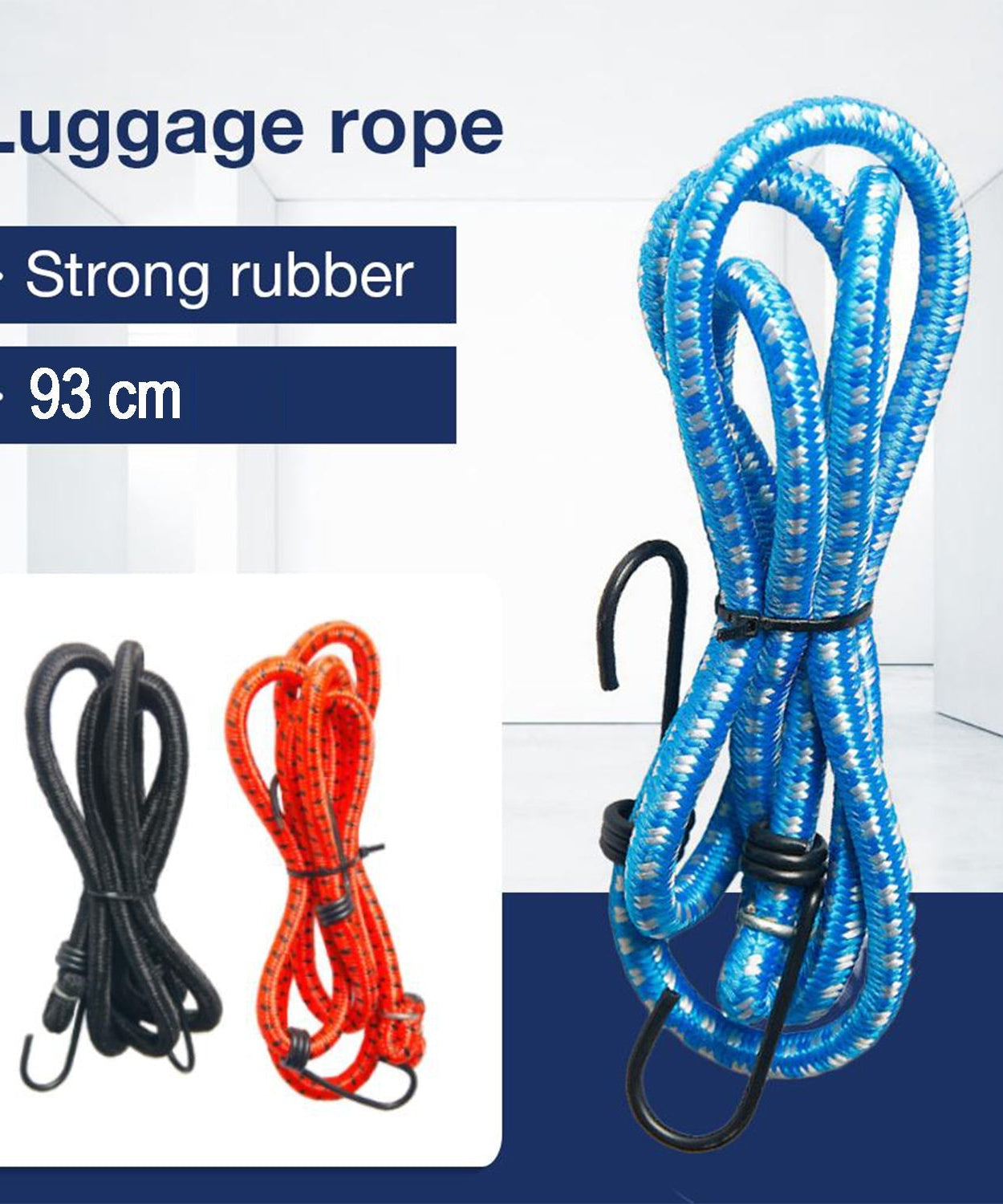 Shock cord with hooks for luggage and general tying needs.