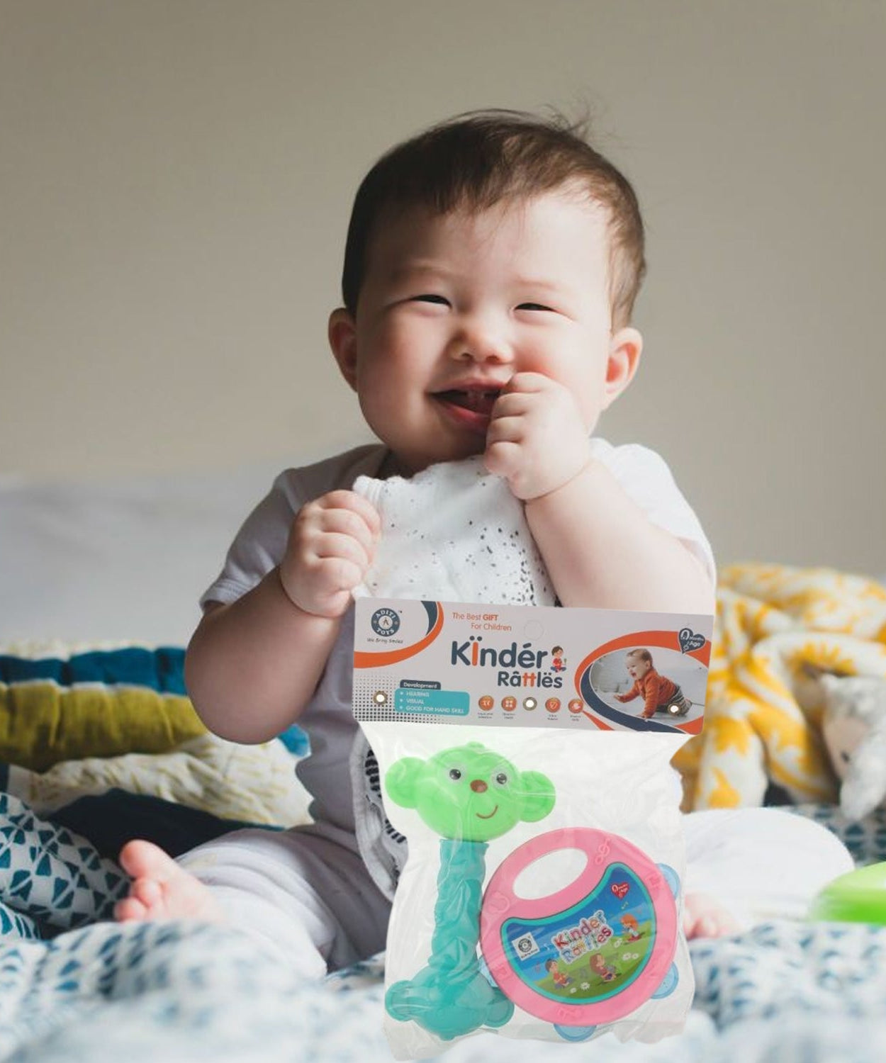 Two-piece set of baby rattles with a bright, appealing design for infant play.