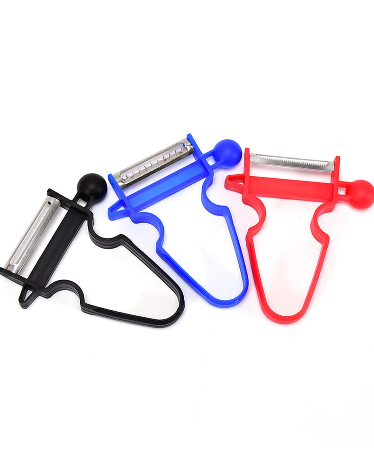 Multi-functional vegetable peelers with durable handles.
