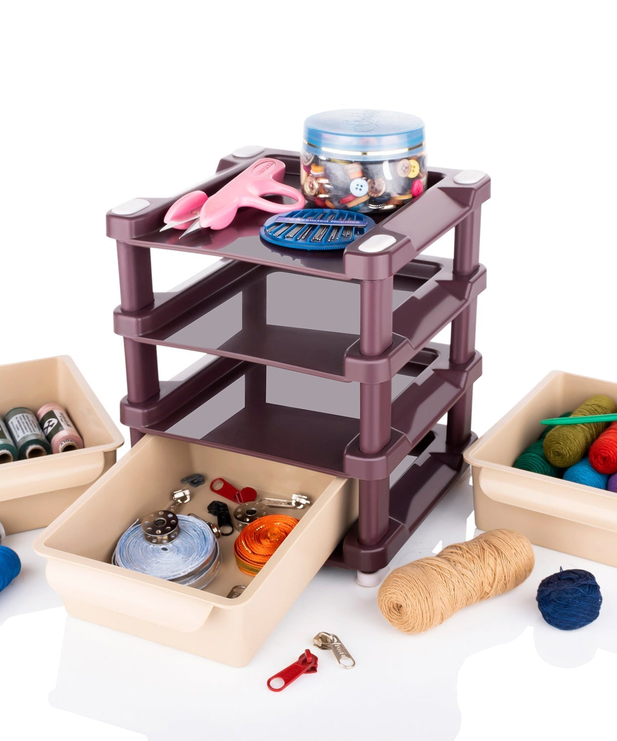 Small 3 layer drawer with clear compartments for easy access to makeup tools