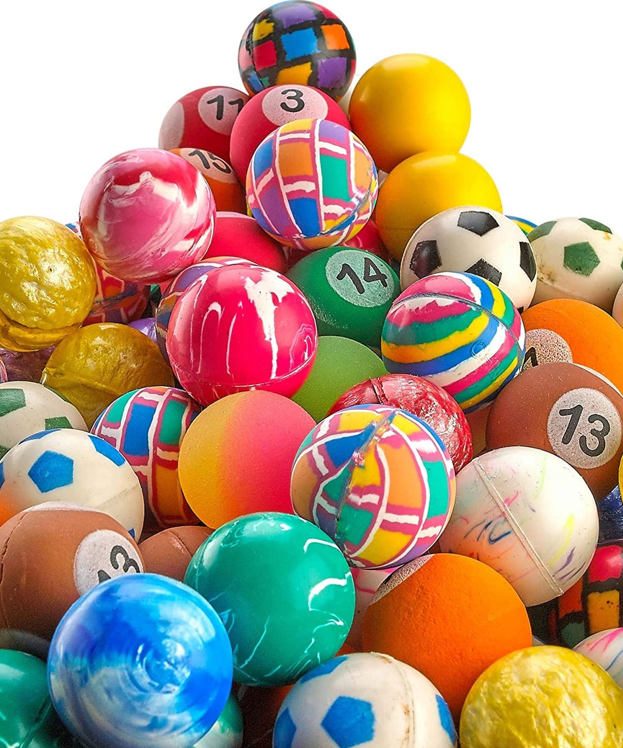 Different designs and colors of bouncy balls in a set of 14 pieces.
