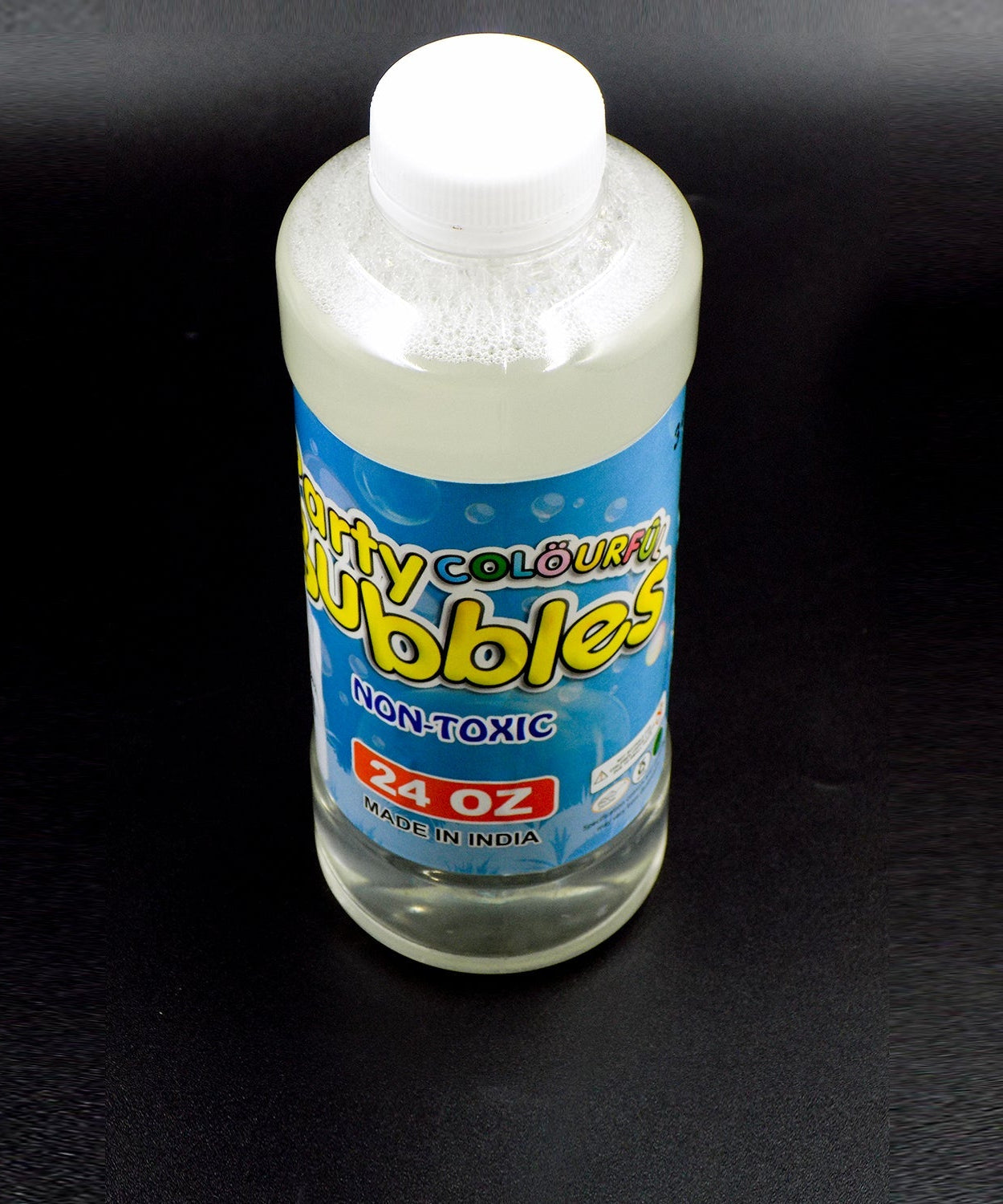 750ml bubble gun liquid refill in a clear plastic bottle with a blue cap