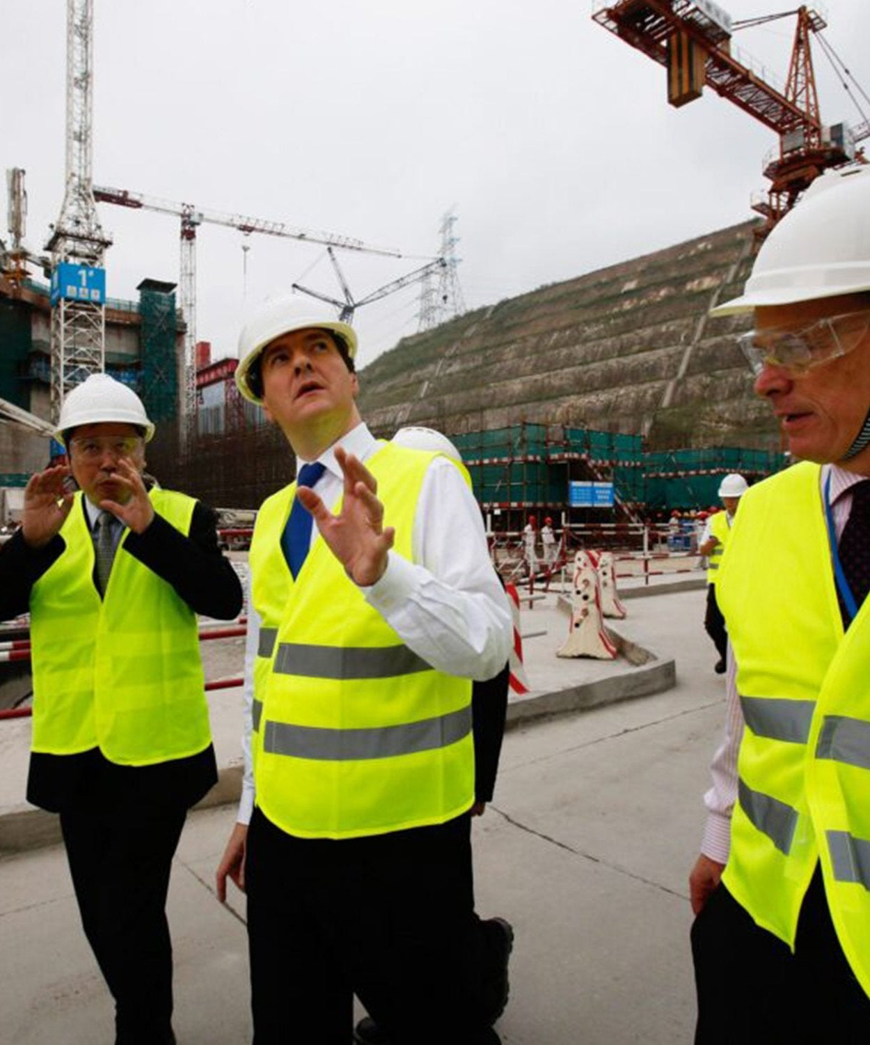 Detailed view of the construction helmet, emphasizing its protective design and safety features