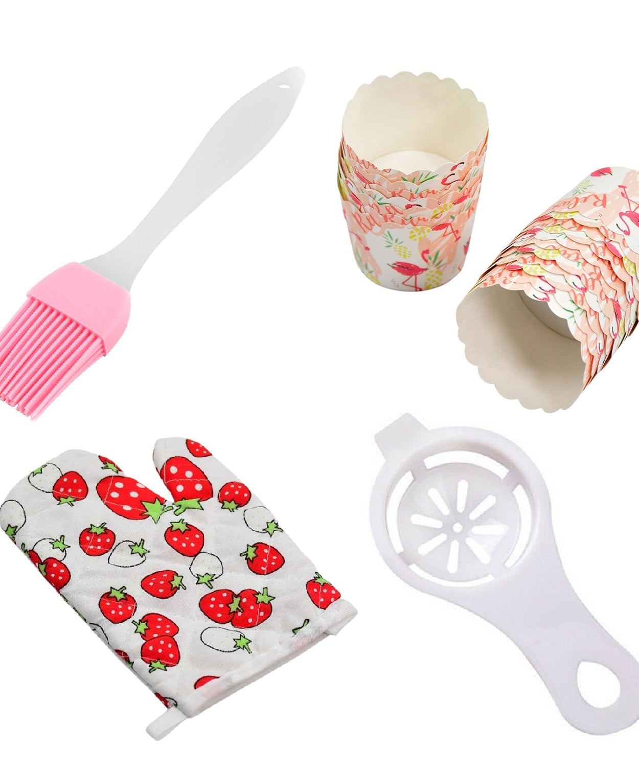 Spatula brush, oven glove, egg yolk separator, and paper cups set.