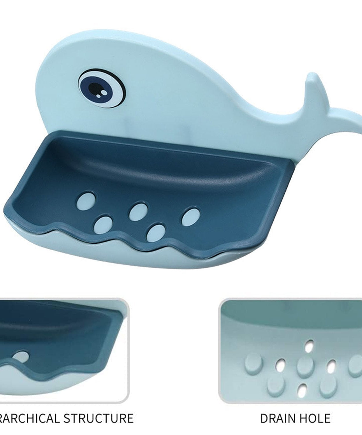 Top-down view of the fish-shaped soap dish, emphasizing its drainage feature and waterproof design