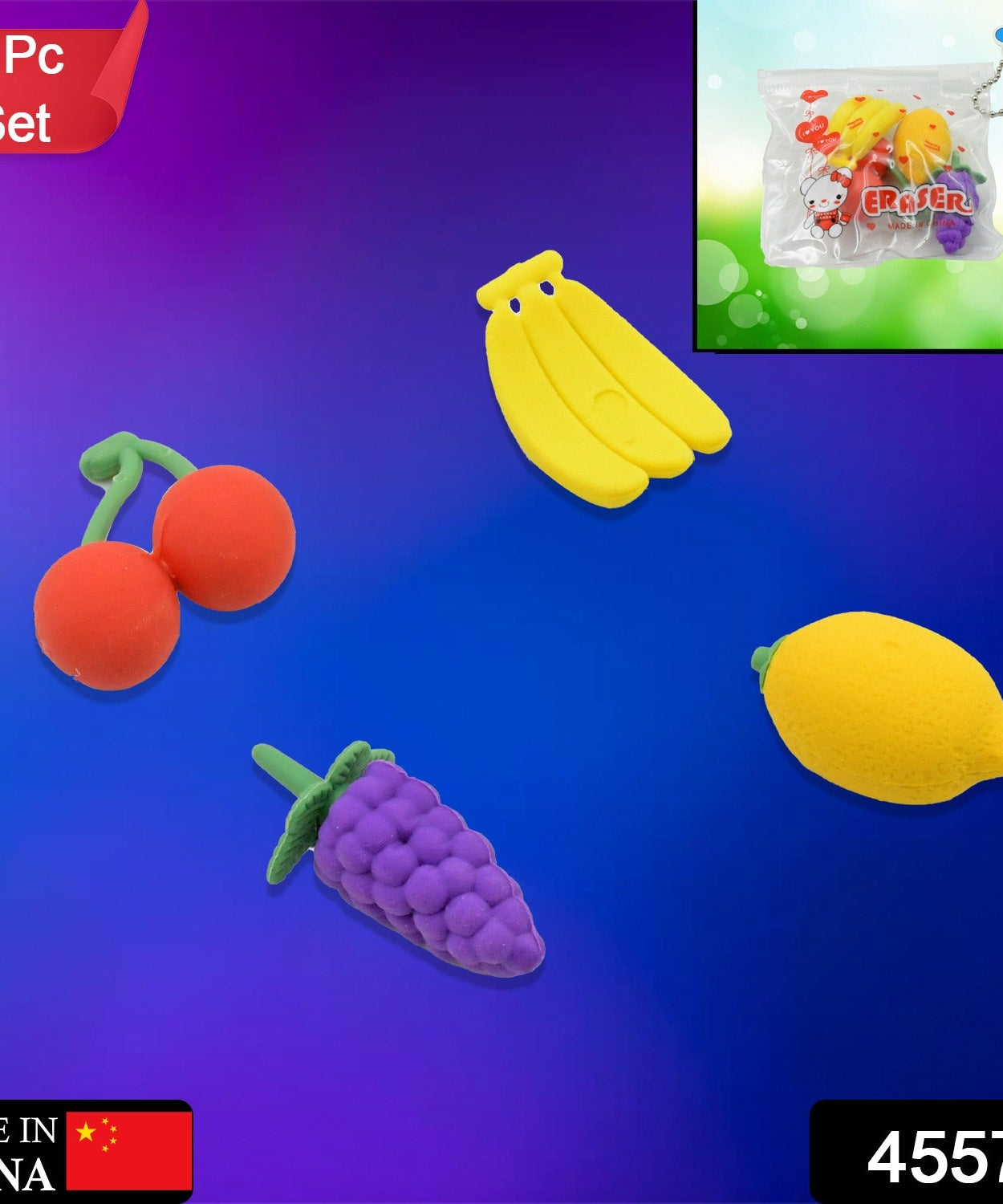 Mini Cute Vegetables and Fruits Erasers or Pencil Rubbers for Kids, 1 Set Fancy & Stylish Colorful Erasers for Children, Eraser Set for Return Gift, Birthday Party, School Prize, 3D Erasers  (4 pc Set)